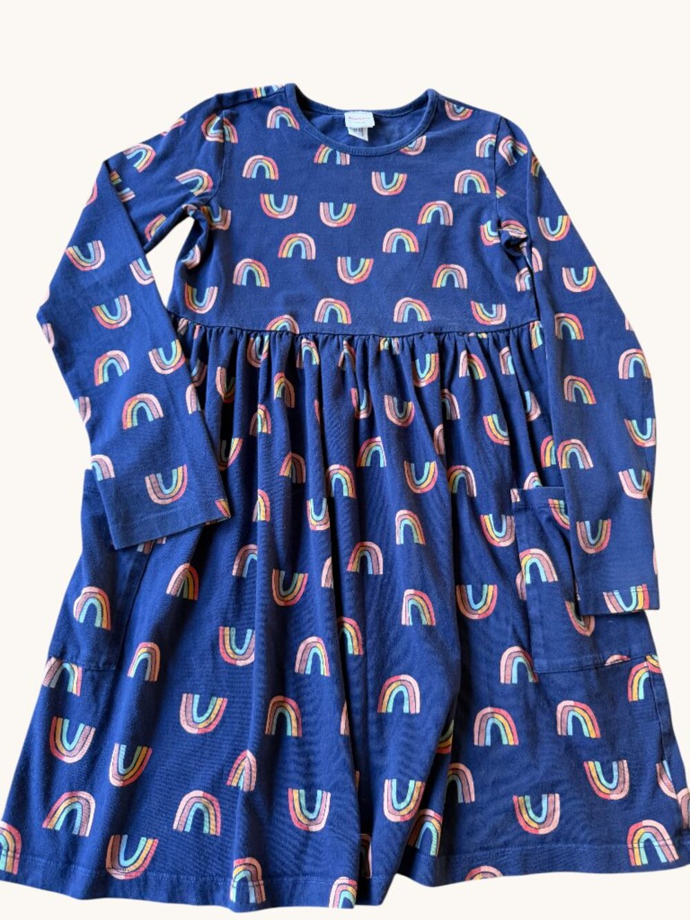 Hanna Andersson Girls Navy Rainbow Print Long Sleeve Dress Size 12